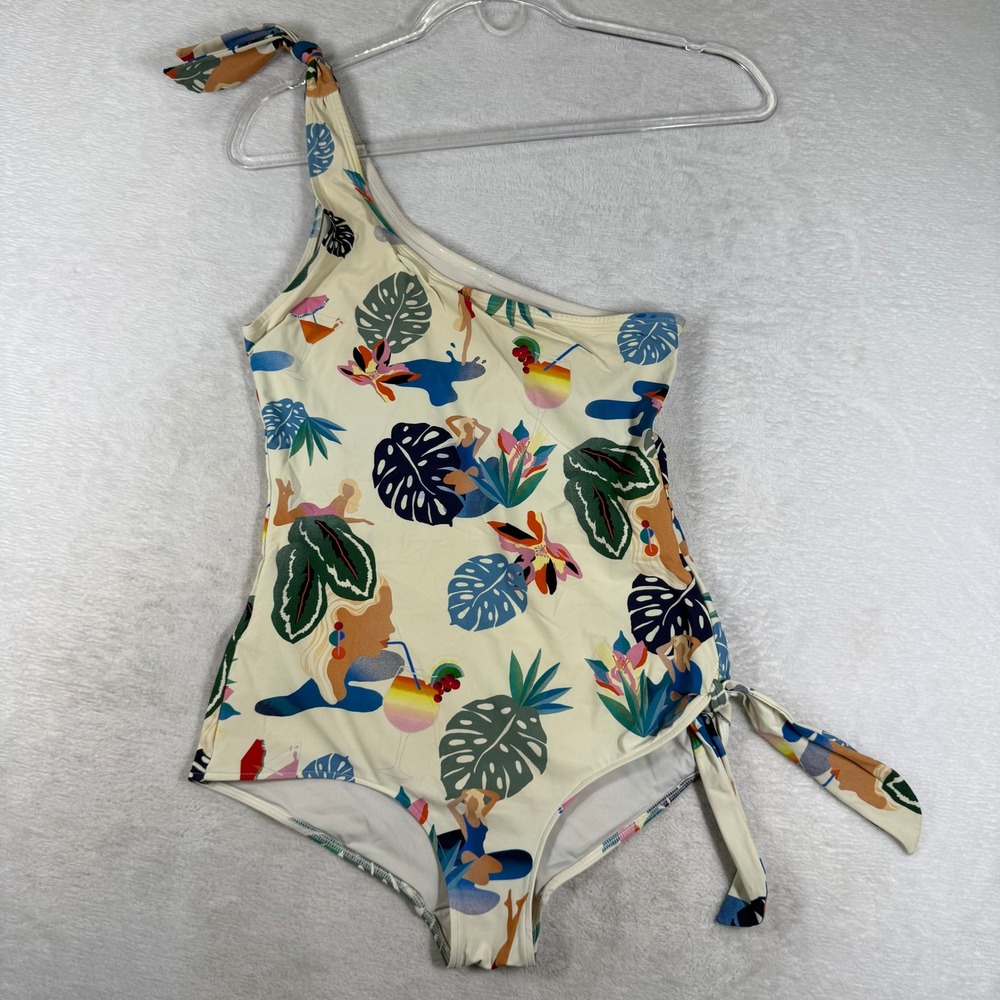 & Other Stories One Shoulder Tropical Graphic Swimsuit Cream Multi US 8